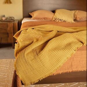 Cozy Yellow Chunky Knit Blanket with Fringe